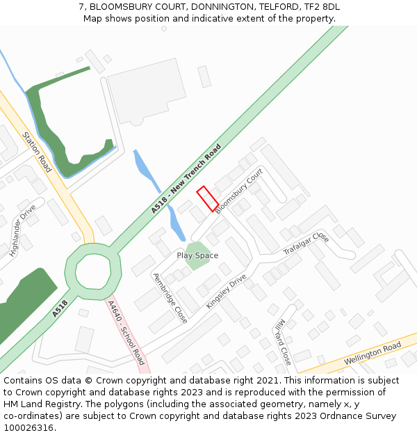 7, BLOOMSBURY COURT, DONNINGTON, TELFORD, TF2 8DL: Location map and indicative extent of plot