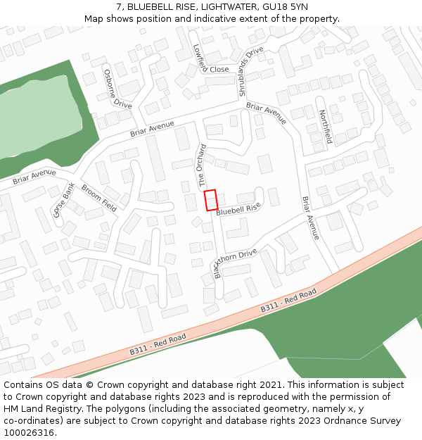 7, BLUEBELL RISE, LIGHTWATER, GU18 5YN: Location map and indicative extent of plot