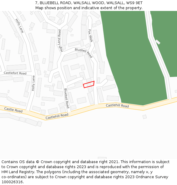 7, BLUEBELL ROAD, WALSALL WOOD, WALSALL, WS9 9ET: Location map and indicative extent of plot