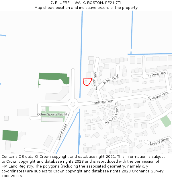 7, BLUEBELL WALK, BOSTON, PE21 7TL: Location map and indicative extent of plot