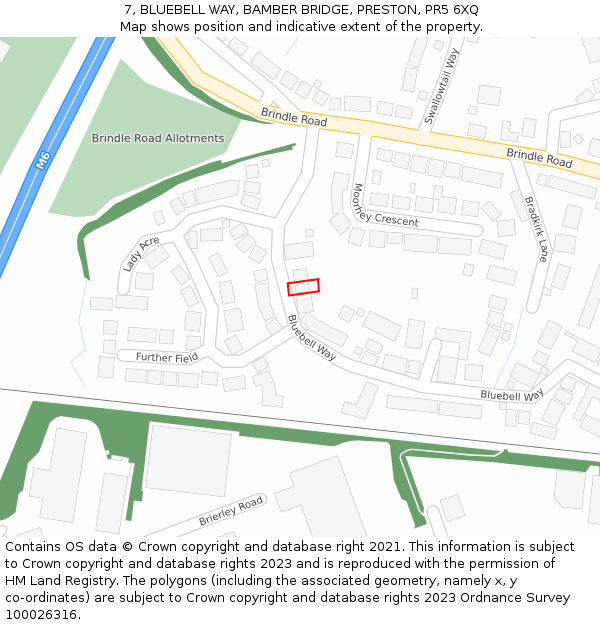 7, BLUEBELL WAY, BAMBER BRIDGE, PRESTON, PR5 6XQ: Location map and indicative extent of plot