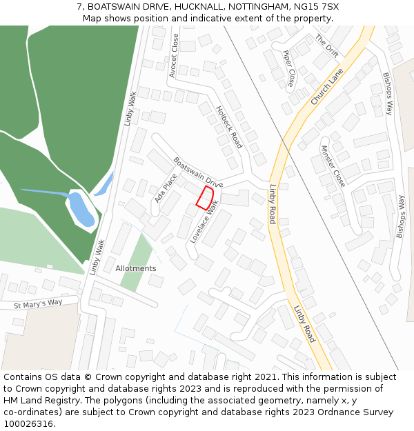 7, BOATSWAIN DRIVE, HUCKNALL, NOTTINGHAM, NG15 7SX: Location map and indicative extent of plot