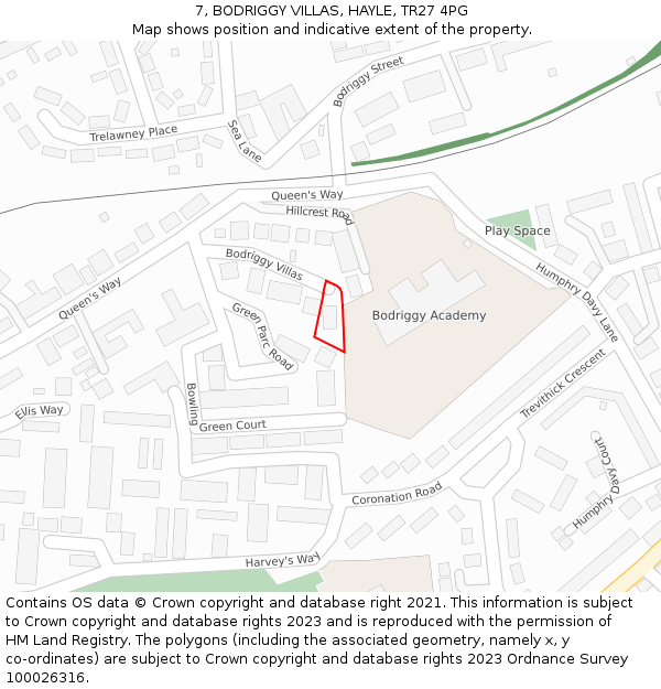 7, BODRIGGY VILLAS, HAYLE, TR27 4PG: Location map and indicative extent of plot