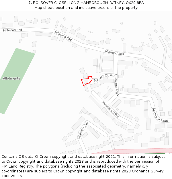 7, BOLSOVER CLOSE, LONG HANBOROUGH, WITNEY, OX29 8RA: Location map and indicative extent of plot