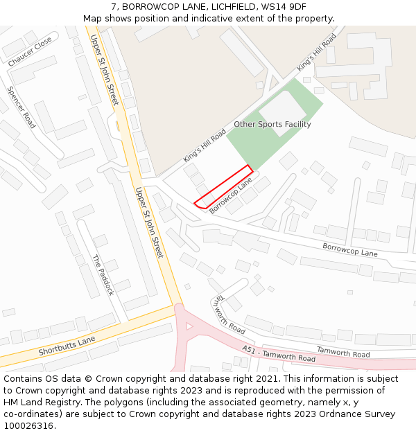 7, BORROWCOP LANE, LICHFIELD, WS14 9DF: Location map and indicative extent of plot