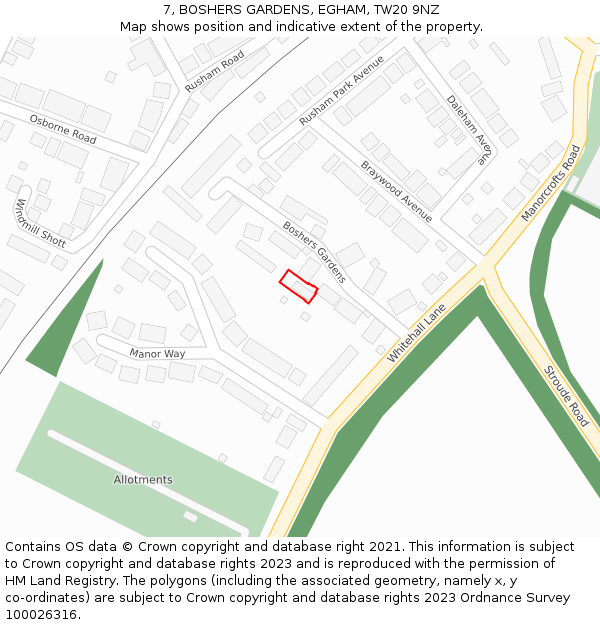 7, BOSHERS GARDENS, EGHAM, TW20 9NZ: Location map and indicative extent of plot