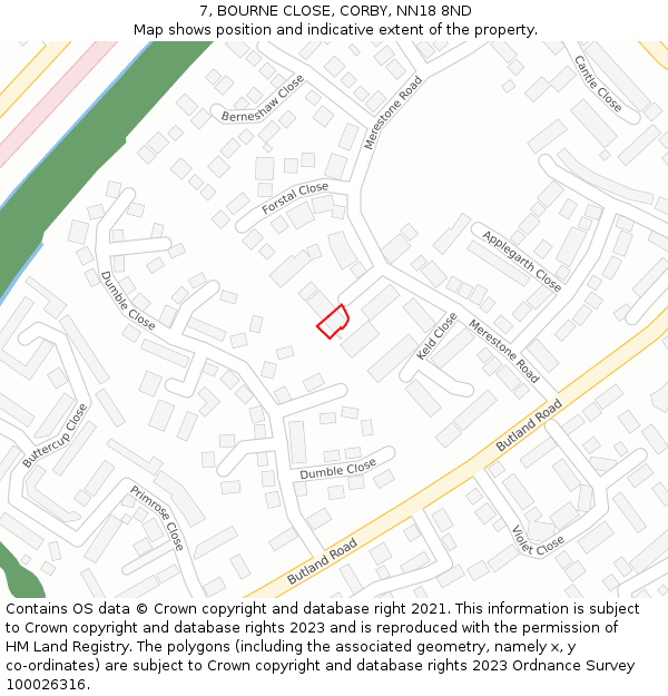 7, BOURNE CLOSE, CORBY, NN18 8ND: Location map and indicative extent of plot