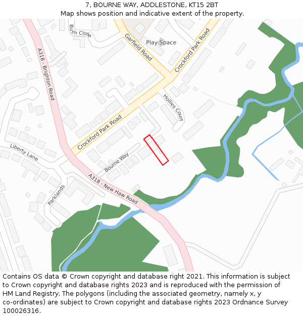 7, BOURNE WAY, ADDLESTONE, KT15 2BT: Location map and indicative extent of plot