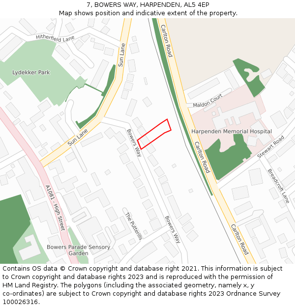 7, BOWERS WAY, HARPENDEN, AL5 4EP: Location map and indicative extent of plot