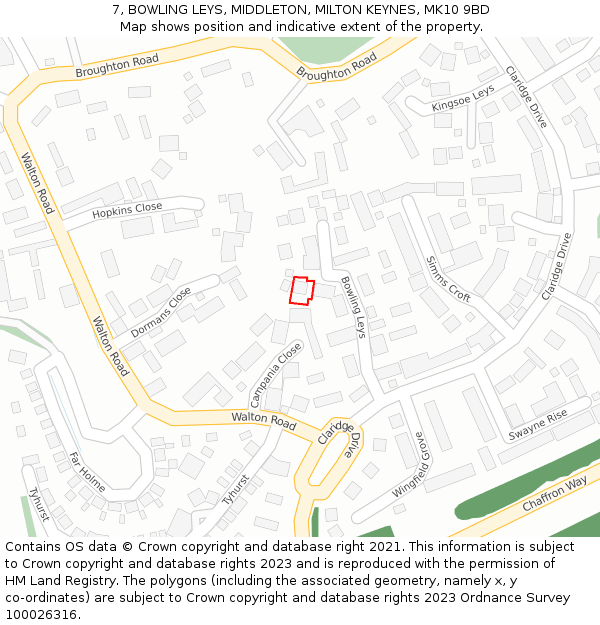 7, BOWLING LEYS, MIDDLETON, MILTON KEYNES, MK10 9BD: Location map and indicative extent of plot