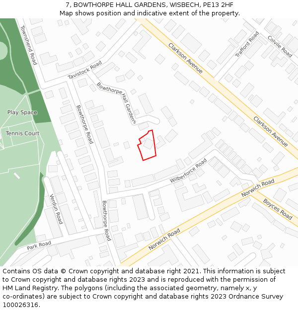 7, BOWTHORPE HALL GARDENS, WISBECH, PE13 2HF: Location map and indicative extent of plot