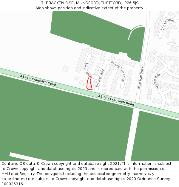 7, BRACKEN RISE, MUNDFORD, THETFORD, IP26 5JS: Location map and indicative extent of plot