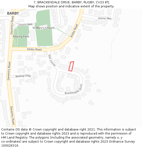 7, BRACKENDALE DRIVE, BARBY, RUGBY, CV23 8TJ: Location map and indicative extent of plot