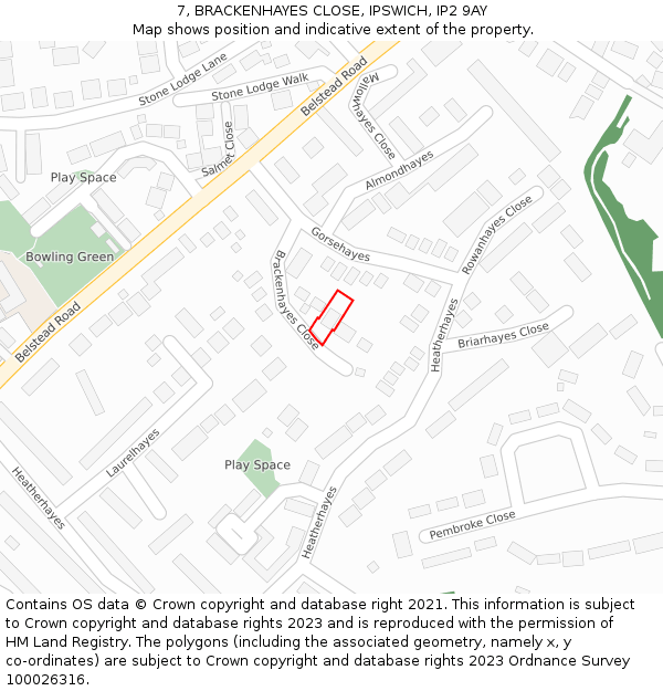 7, BRACKENHAYES CLOSE, IPSWICH, IP2 9AY: Location map and indicative extent of plot