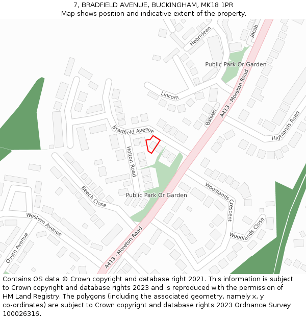 7, BRADFIELD AVENUE, BUCKINGHAM, MK18 1PR: Location map and indicative extent of plot