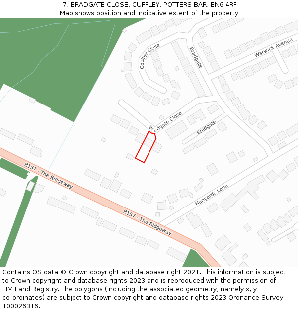 7, BRADGATE CLOSE, CUFFLEY, POTTERS BAR, EN6 4RF: Location map and indicative extent of plot