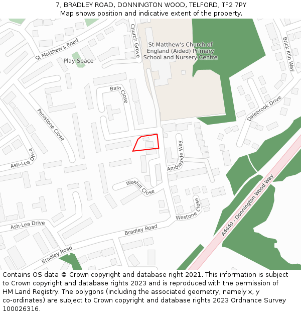 7, BRADLEY ROAD, DONNINGTON WOOD, TELFORD, TF2 7PY: Location map and indicative extent of plot