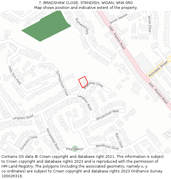 7, BRADSHAW CLOSE, STANDISH, WIGAN, WN6 0RG: Location map and indicative extent of plot