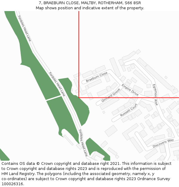 7, BRAEBURN CLOSE, MALTBY, ROTHERHAM, S66 8SR: Location map and indicative extent of plot
