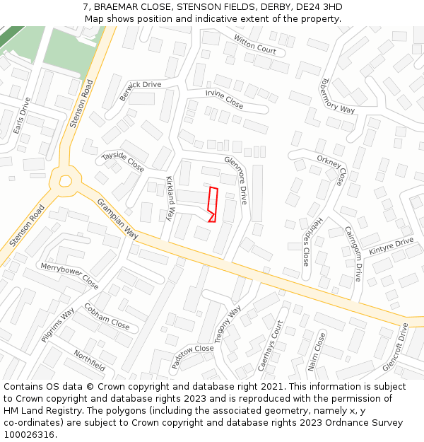 7, BRAEMAR CLOSE, STENSON FIELDS, DERBY, DE24 3HD: Location map and indicative extent of plot
