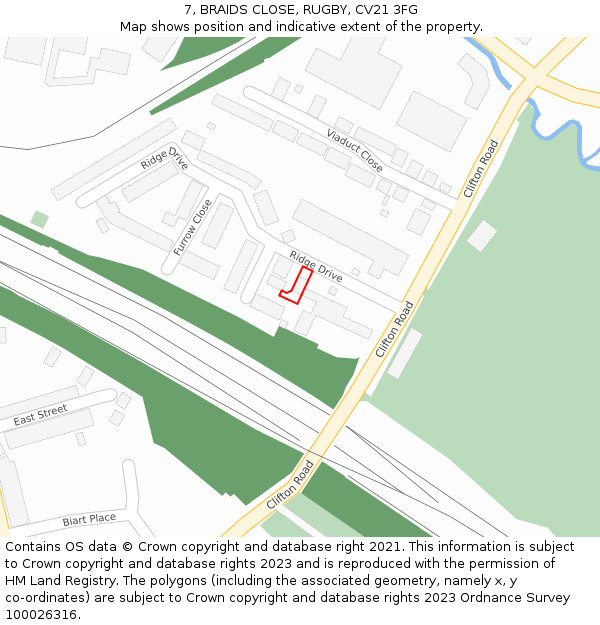 7, BRAIDS CLOSE, RUGBY, CV21 3FG: Location map and indicative extent of plot