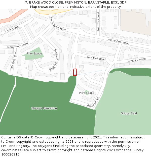 7, BRAKE WOOD CLOSE, FREMINGTON, BARNSTAPLE, EX31 3DP: Location map and indicative extent of plot