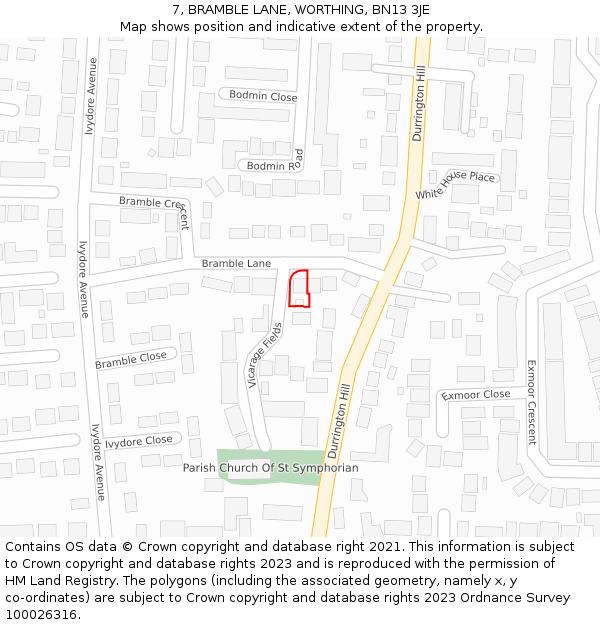 7, BRAMBLE LANE, WORTHING, BN13 3JE: Location map and indicative extent of plot