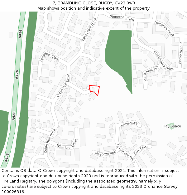 7, BRAMBLING CLOSE, RUGBY, CV23 0WR: Location map and indicative extent of plot