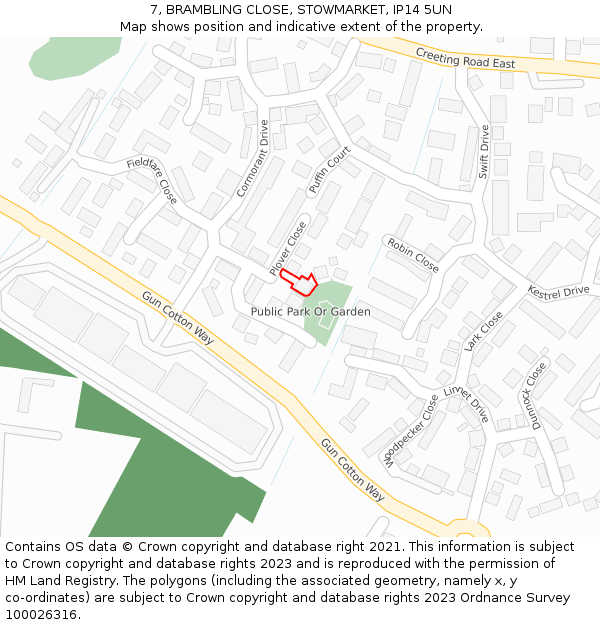 7, BRAMBLING CLOSE, STOWMARKET, IP14 5UN: Location map and indicative extent of plot