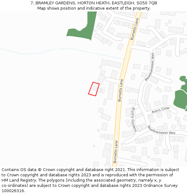 7, BRAMLEY GARDENS, HORTON HEATH, EASTLEIGH, SO50 7QB: Location map and indicative extent of plot