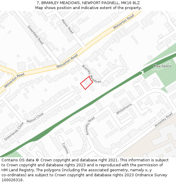 7, BRAMLEY MEADOWS, NEWPORT PAGNELL, MK16 8LZ: Location map and indicative extent of plot