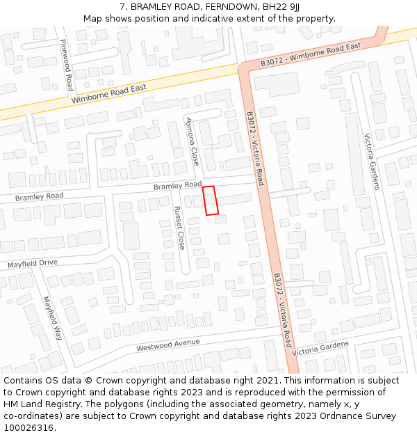 7, BRAMLEY ROAD, FERNDOWN, BH22 9JJ: Location map and indicative extent of plot