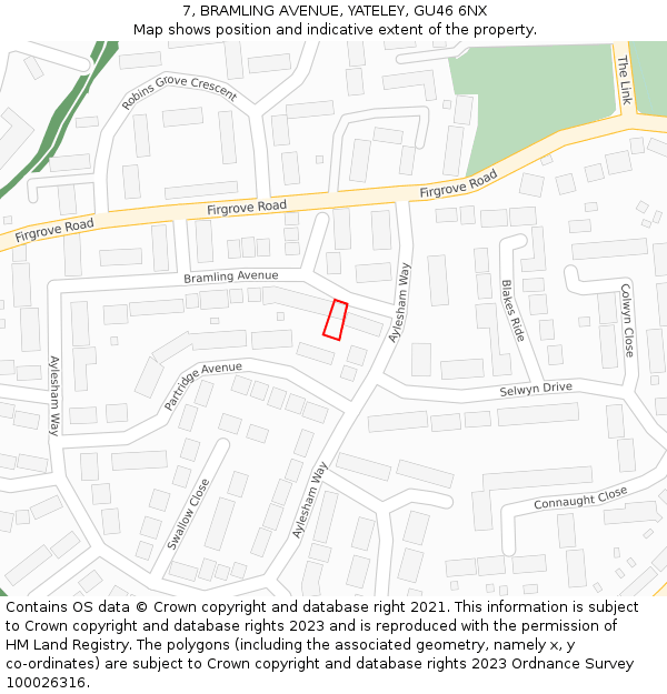 7, BRAMLING AVENUE, YATELEY, GU46 6NX: Location map and indicative extent of plot