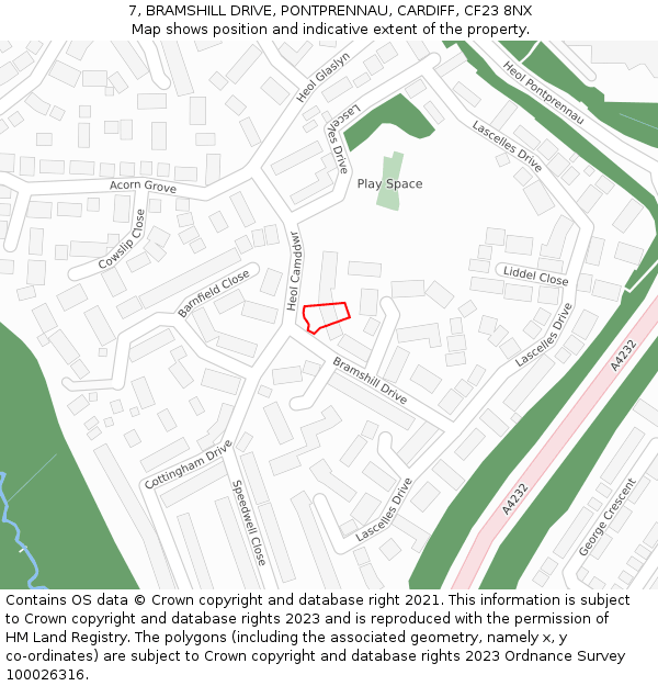 7, BRAMSHILL DRIVE, PONTPRENNAU, CARDIFF, CF23 8NX: Location map and indicative extent of plot