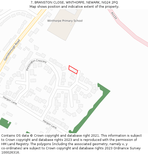 7, BRANSTON CLOSE, WINTHORPE, NEWARK, NG24 2PQ: Location map and indicative extent of plot