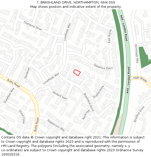 7, BRASHLAND DRIVE, NORTHAMPTON, NN4 0SS: Location map and indicative extent of plot