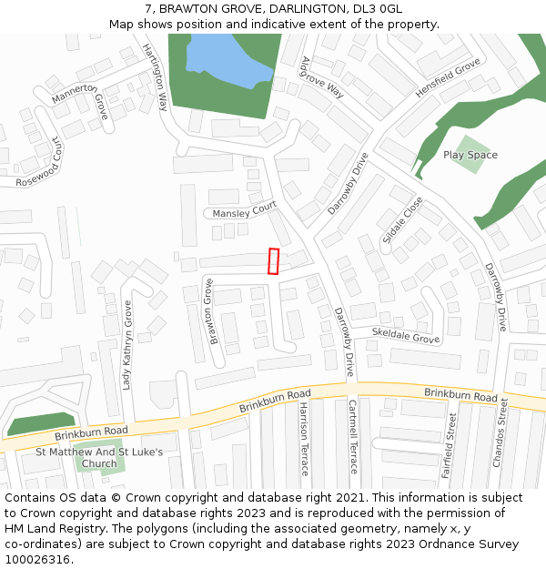 7, BRAWTON GROVE, DARLINGTON, DL3 0GL: Location map and indicative extent of plot