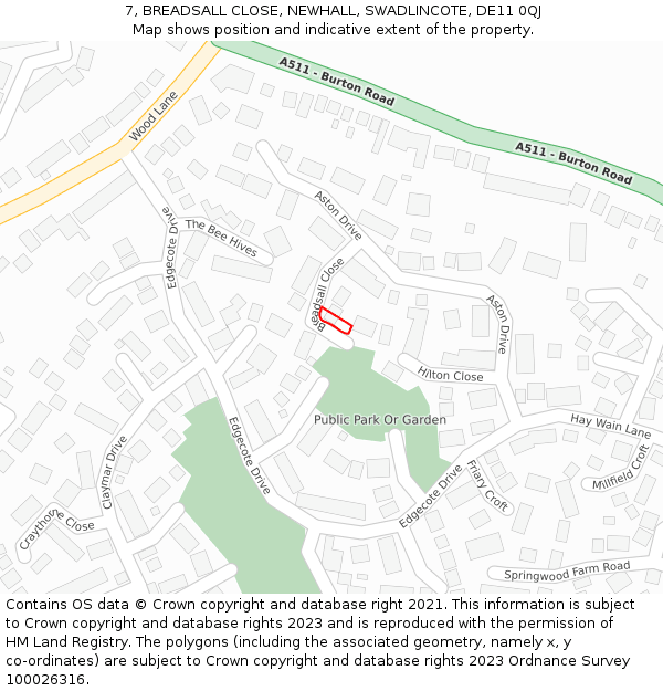 7, BREADSALL CLOSE, NEWHALL, SWADLINCOTE, DE11 0QJ: Location map and indicative extent of plot