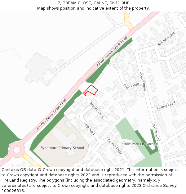 7, BREAM CLOSE, CALNE, SN11 9UF: Location map and indicative extent of plot