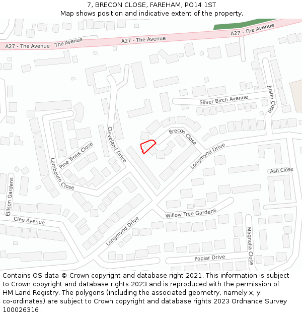 7, BRECON CLOSE, FAREHAM, PO14 1ST: Location map and indicative extent of plot