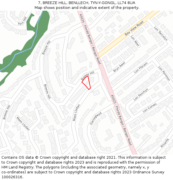 7, BREEZE HILL, BENLLECH, TYN-Y-GONGL, LL74 8UA: Location map and indicative extent of plot