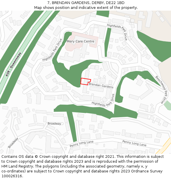7, BRENDAN GARDENS, DERBY, DE22 1BD: Location map and indicative extent of plot