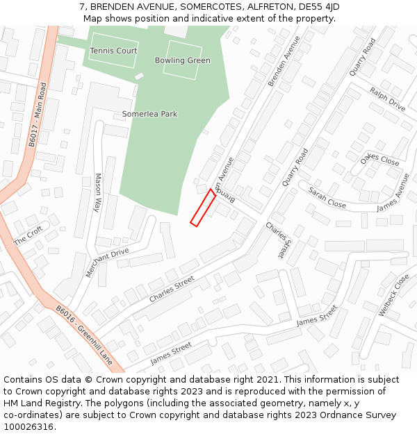 7, BRENDEN AVENUE, SOMERCOTES, ALFRETON, DE55 4JD: Location map and indicative extent of plot