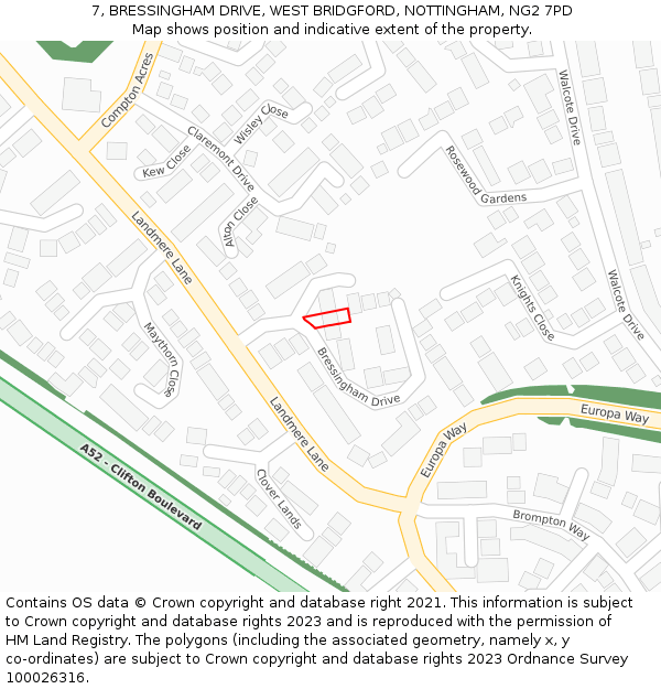 7, BRESSINGHAM DRIVE, WEST BRIDGFORD, NOTTINGHAM, NG2 7PD: Location map and indicative extent of plot