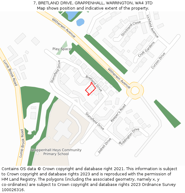 7, BRETLAND DRIVE, GRAPPENHALL, WARRINGTON, WA4 3TD: Location map and indicative extent of plot