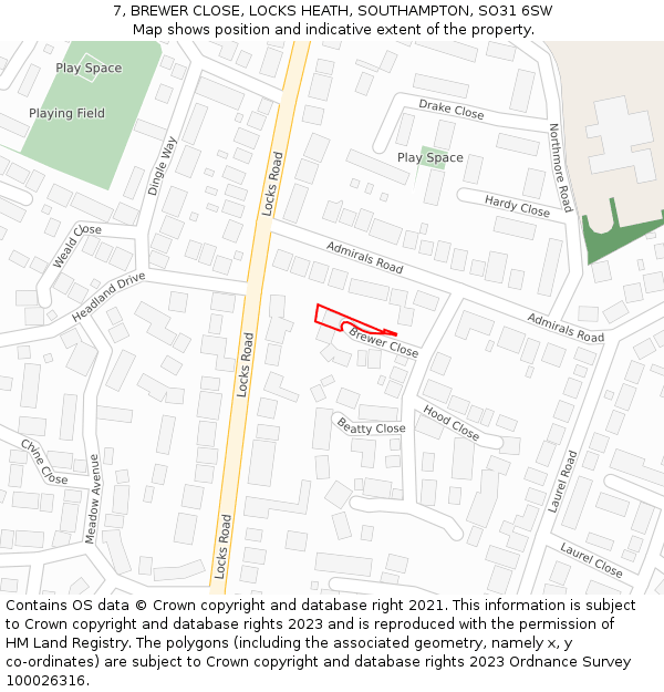 7, BREWER CLOSE, LOCKS HEATH, SOUTHAMPTON, SO31 6SW: Location map and indicative extent of plot