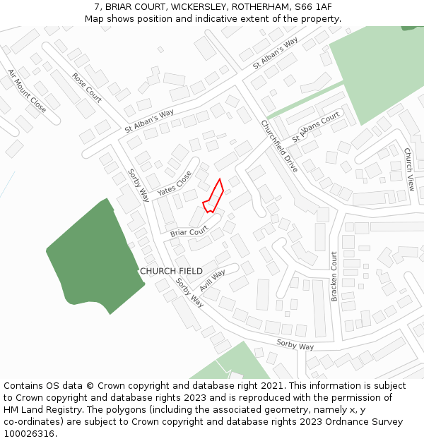 7, BRIAR COURT, WICKERSLEY, ROTHERHAM, S66 1AF: Location map and indicative extent of plot