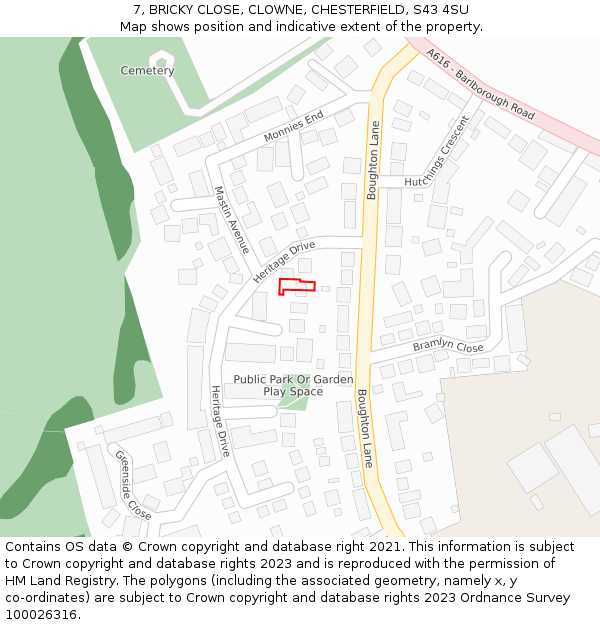 7, BRICKY CLOSE, CLOWNE, CHESTERFIELD, S43 4SU: Location map and indicative extent of plot