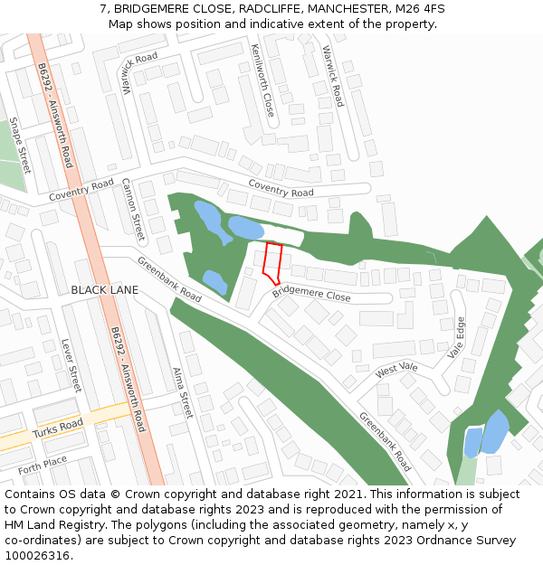 7, BRIDGEMERE CLOSE, RADCLIFFE, MANCHESTER, M26 4FS: Location map and indicative extent of plot