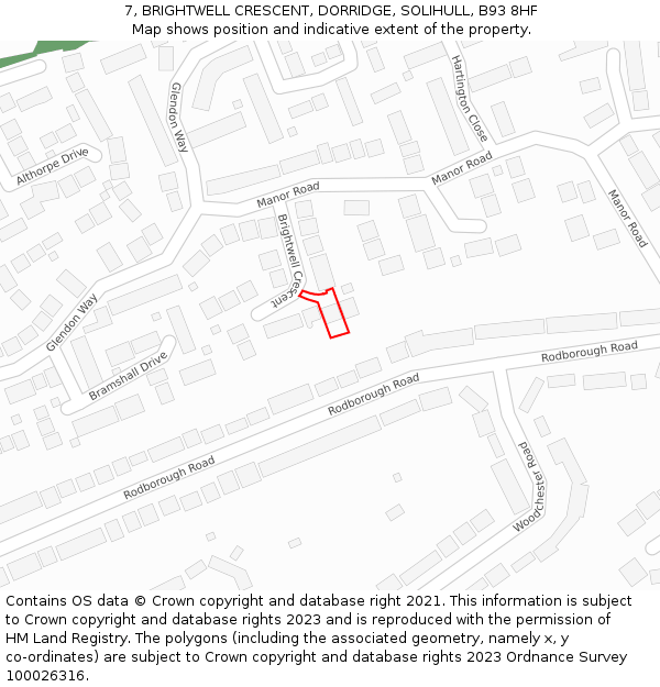 7, BRIGHTWELL CRESCENT, DORRIDGE, SOLIHULL, B93 8HF: Location map and indicative extent of plot